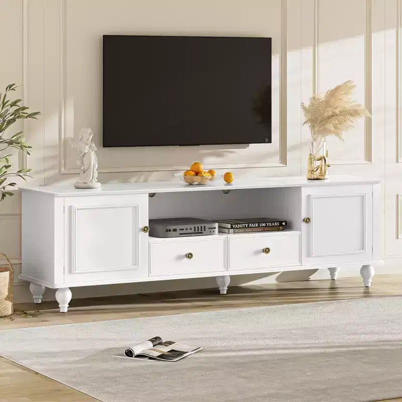 Meuble TV moderne JVNOXK de 70,9 pouces, adapté aux téléviseurs de moins de 80 pouces. Ce meuble de divertissement est doté d'étagères ouvertes et de deux tiroirs, pour le salon