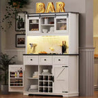 71 Farmhosue Pantry Bar Cabinet with Internal Pegboard Storage Rack,Power Outlet,Kitchen Cabinet with Sliding Door,9 Wine & Glasses Rack,3 Drawers