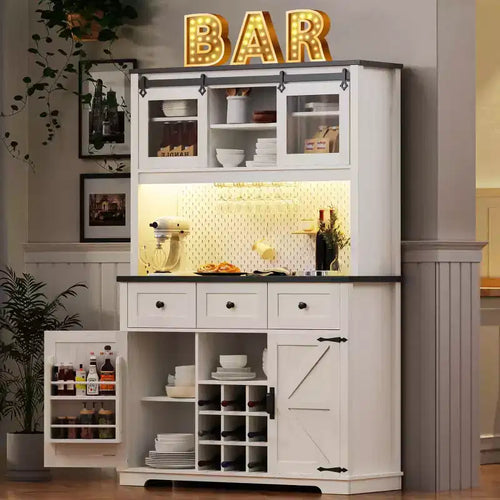 71 Farmhosue Pantry Bar Cabinet with Internal Pegboard Storage Rack,Power Outlet,Kitchen Cabinet with Sliding Door,9 Wine & Glasses Rack,3 Drawers