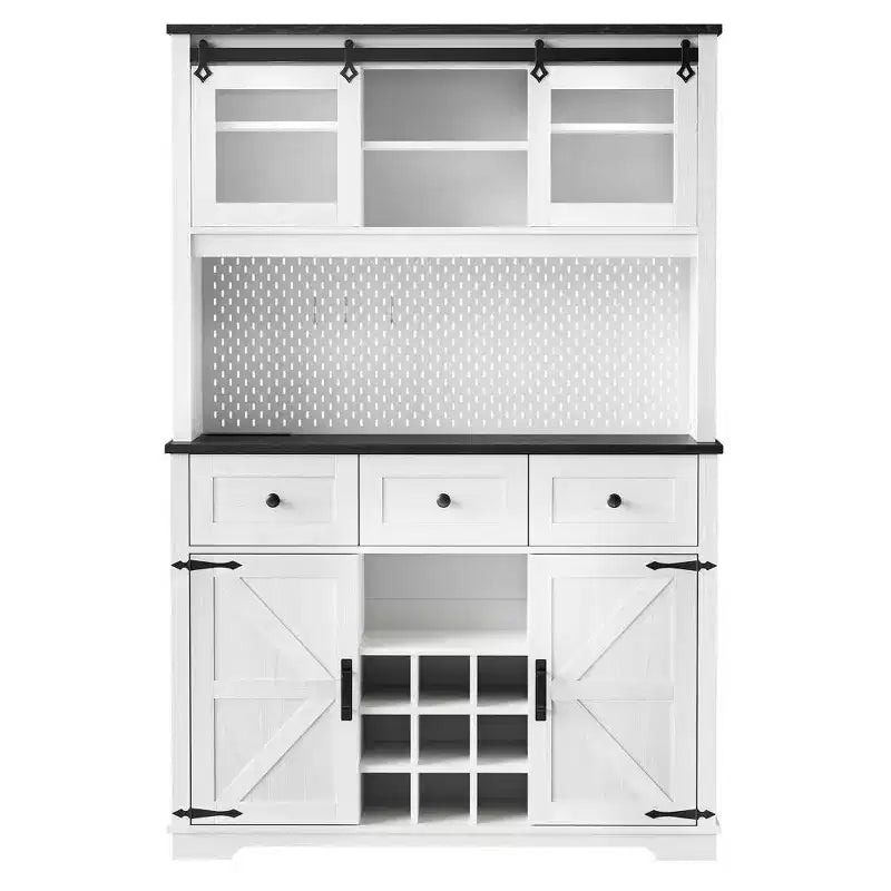 Buffet de cuisine 71" avec porte coulissante, casier à vin et verres (9 bouteilles), 3 tiroirs, et panneau perforé interne avec prise de courant