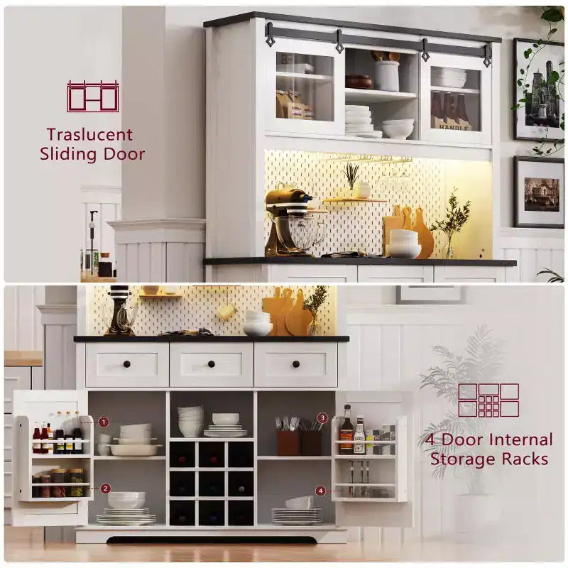 Buffet de cuisine 71" avec porte coulissante, casier à vin et verres (9 bouteilles), 3 tiroirs, et panneau perforé interne avec prise de courant