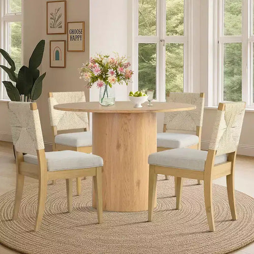 5-Piece Round Dining Table Set, 41.5 Pedestal Table and Beige Upholstered Chairs with Solid Wood Legs for Kitchen or Breakfast Nook-Panipeachy