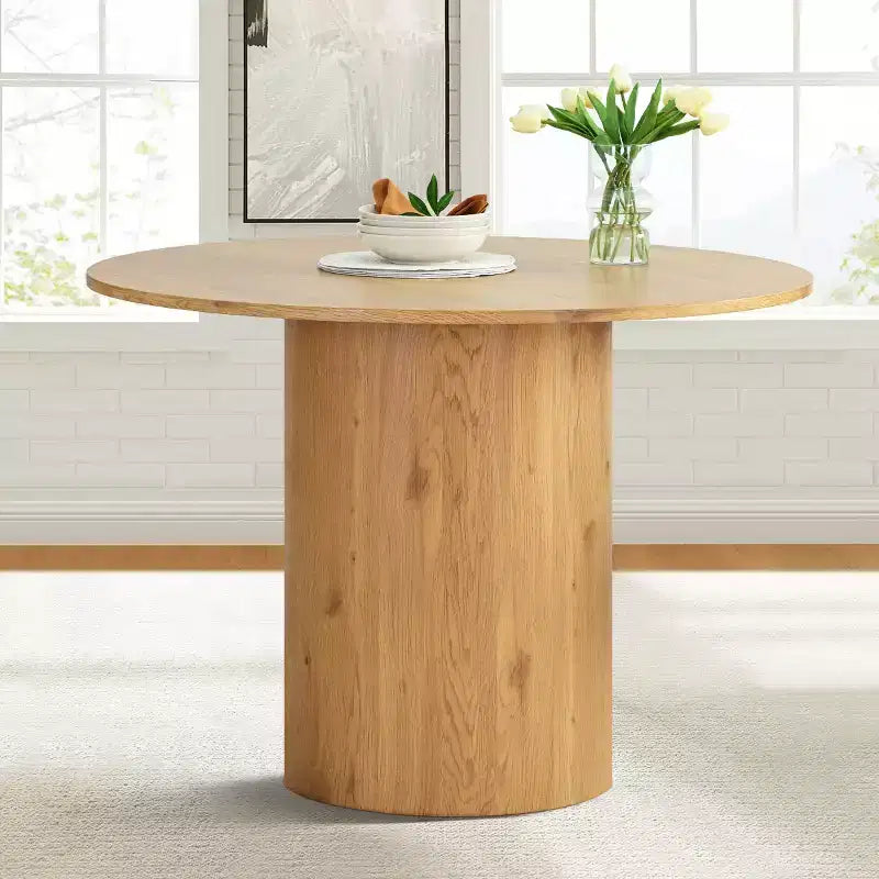 Ensemble de salle à manger rond 5 pièces, table à pied central de 41,5 po et chaises rembourrées beiges avec pieds en bois massif pour la cuisine ou le coin-repas - Panipeachy