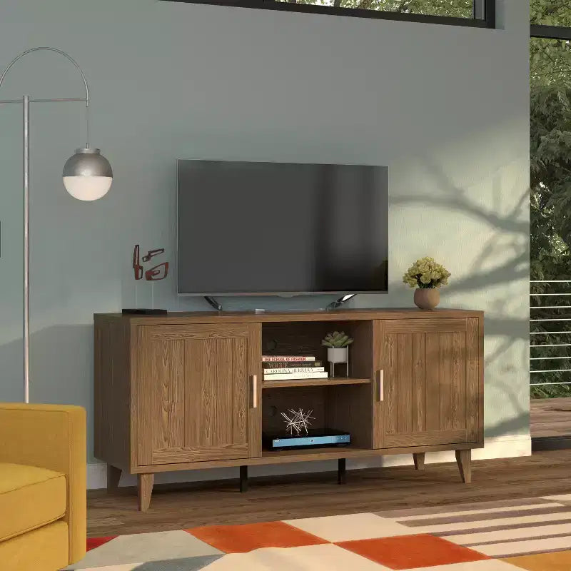 JVNOXK Meuble TV Médiéval Moderne de 60 pouces, Meuble de Divertissement avec Deux Portes et Gestion des Câbles, Convient aux TV de 65 pouces et moins, Noyer