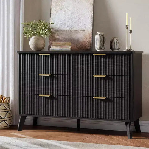 Commode 6 tiroirs pour chambre à coucher, commode de 120 cm de large avec profil incurvé, tiroirs en bois cannelé, commode moderne pour salon