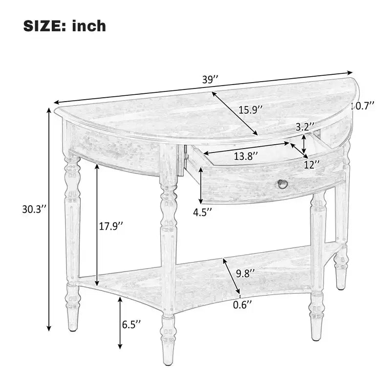 Table console demi-lune Luxystar avec tiroir et étagère pour entrée et salon