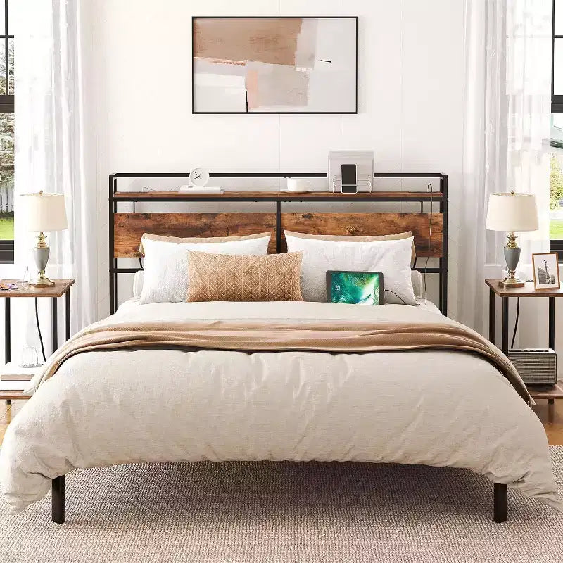 Tête de lit ACOINEL Queen Size avec station de charge (2 prises et 4 ports USB), tête de lit à hauteur réglable avec étagère de rangement