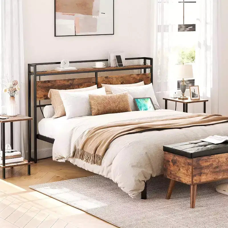 Tête de lit ACOINEL Queen Size avec station de charge (2 prises et 4 ports USB), tête de lit à hauteur réglable avec étagère de rangement