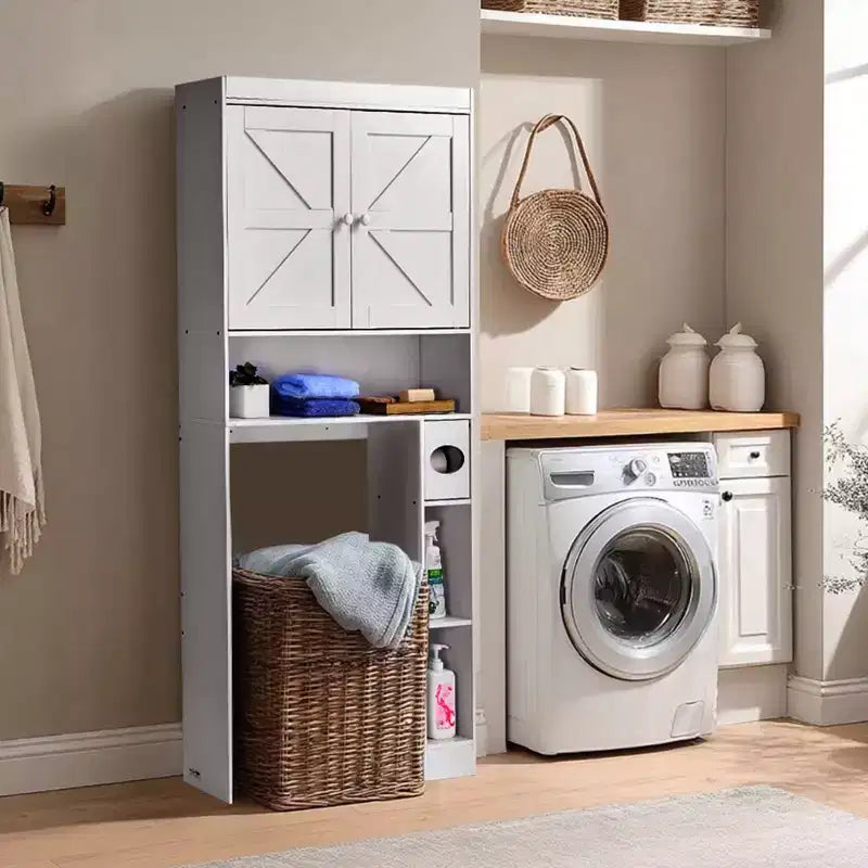 Meuble de rangement au-dessus des toilettes 170 cm Organisateur de salle de bain avec portes doubles Étagère réglable Étagère ouverte Blanc Autoportant Gain de place