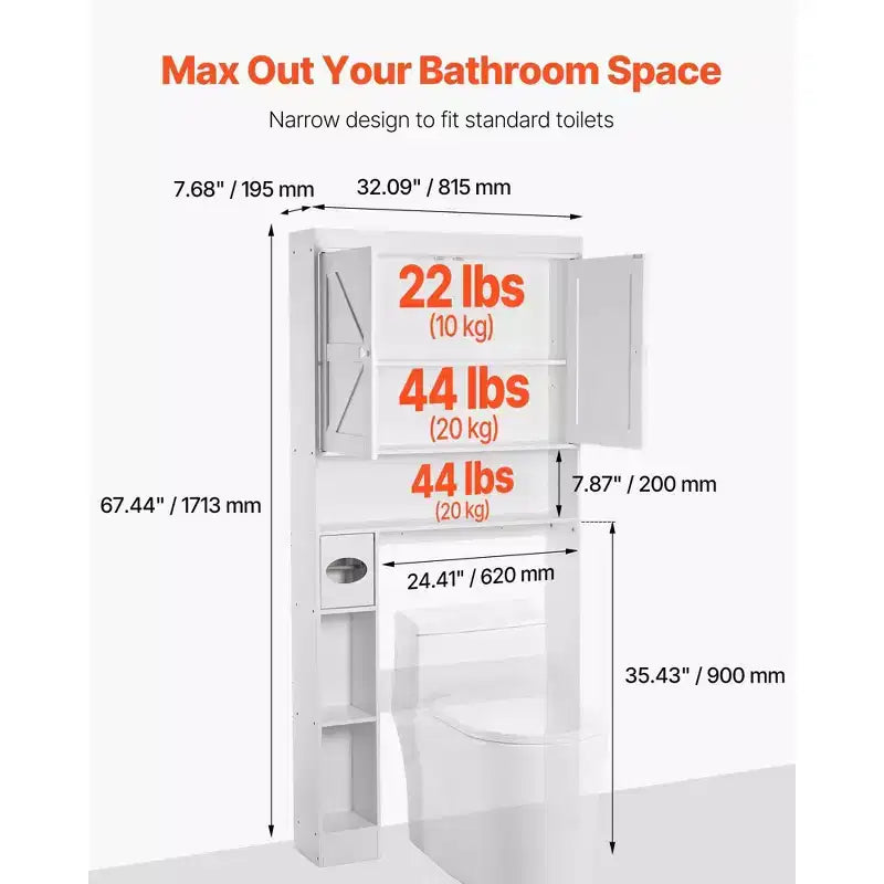 Meuble de rangement au-dessus des toilettes 170 cm Organisateur de salle de bain avec portes doubles Étagère réglable Étagère ouverte Blanc Autoportant Gain de place