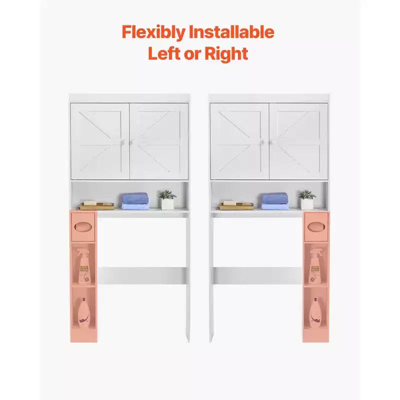 Meuble de rangement au-dessus des toilettes 170 cm Organisateur de salle de bain avec portes doubles Étagère réglable Étagère ouverte Blanc Autoportant Gain de place