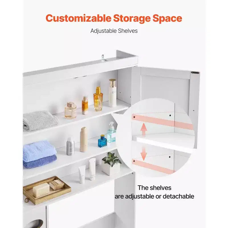 Meuble de rangement au-dessus des toilettes 170 cm Organisateur de salle de bain avec portes doubles Étagère réglable Étagère ouverte Blanc Autoportant Gain de place
