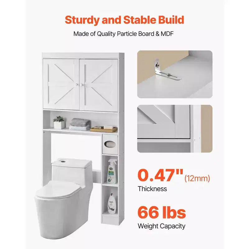 Meuble de rangement au-dessus des toilettes 170 cm Organisateur de salle de bain avec portes doubles Étagère réglable Étagère ouverte Blanc Autoportant Gain de place