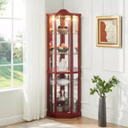 Corner Glass Display Cabinet with Light, Carved Decoration, and Adjustable Shelves for Bar or Wine Storage