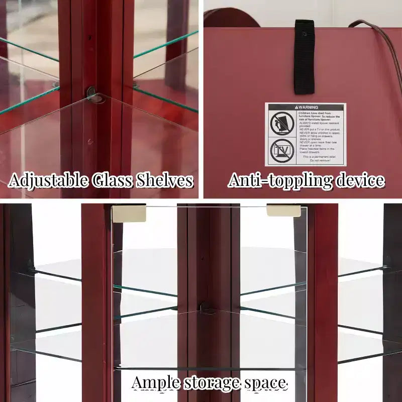 Vitrine d'angle en verre avec éclairage, décorations sculptées et étagères réglables pour bar ou cave à vin
