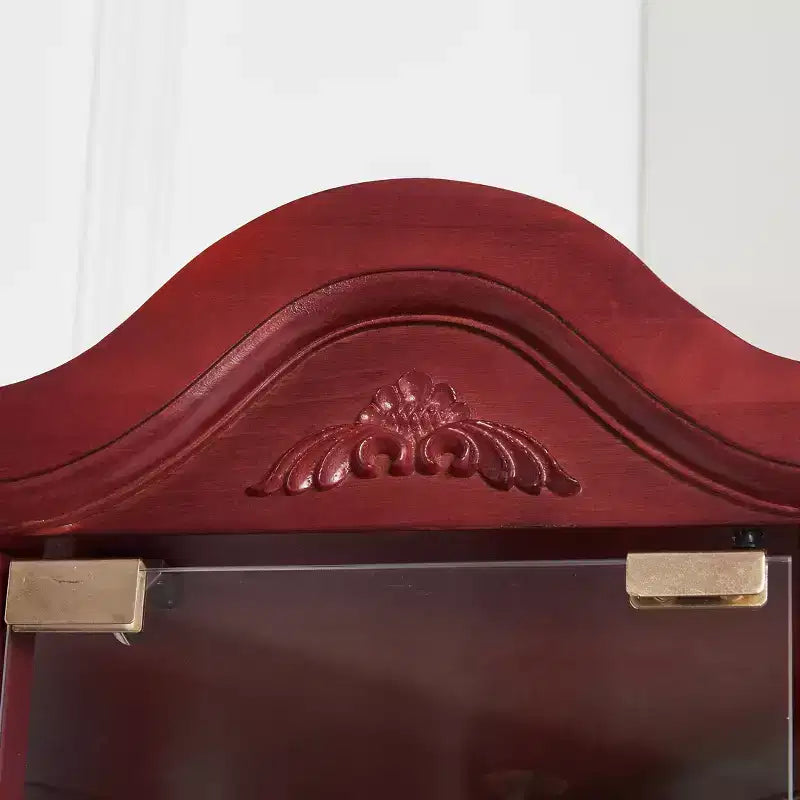 Vitrine d'angle en verre avec éclairage, décorations sculptées et étagères réglables pour bar ou cave à vin