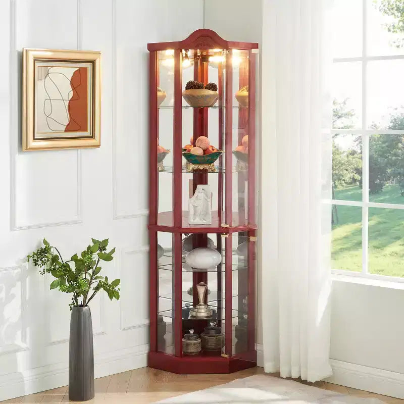 Vitrine d'angle en verre avec éclairage, décorations sculptées et étagères réglables pour bar ou cave à vin
