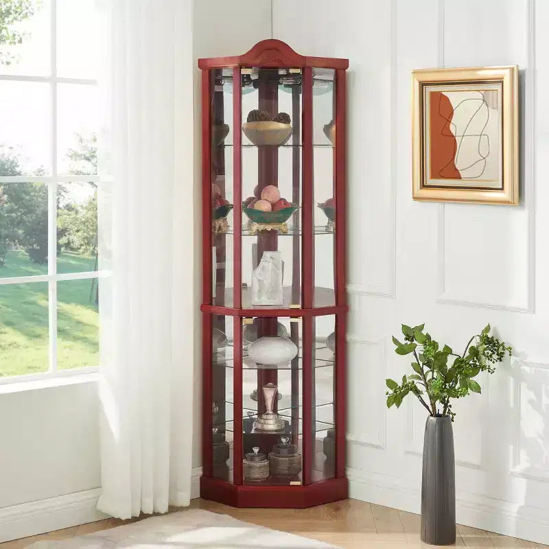 Vitrine d'angle en verre avec éclairage, décorations sculptées et étagères réglables pour bar ou cave à vin