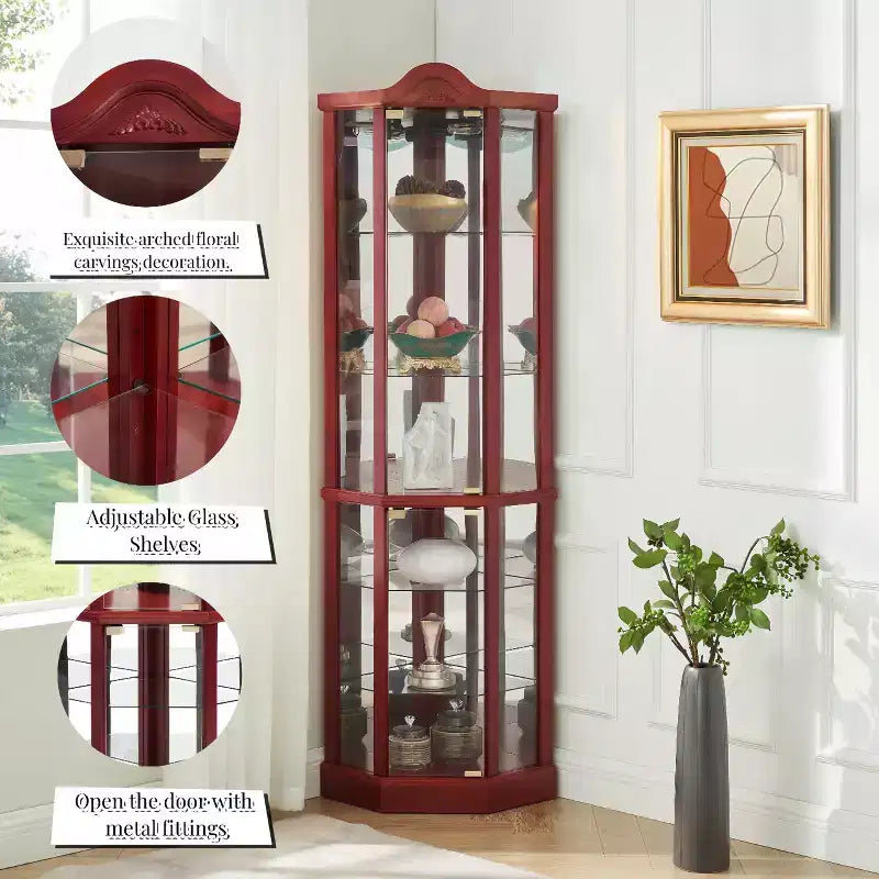 Vitrine d'angle en verre avec éclairage, décorations sculptées et étagères réglables pour bar ou cave à vin