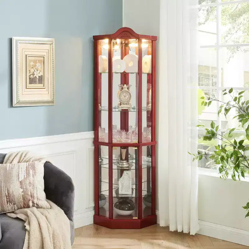 Vitrine d'angle en verre avec éclairage, décorations sculptées et étagères réglables pour bar ou cave à vin