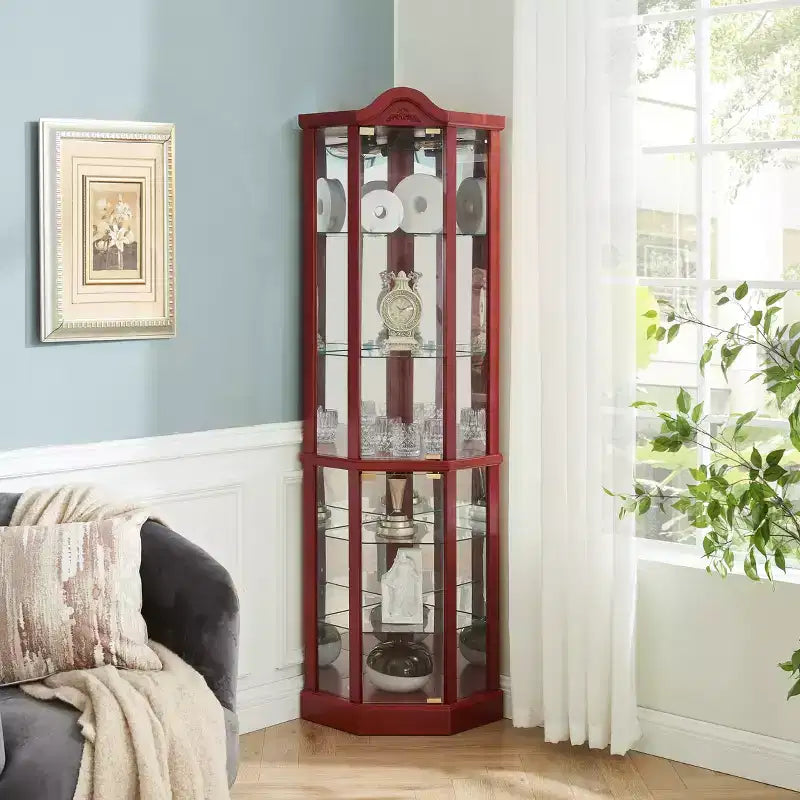 Vitrine d'angle en verre avec éclairage, décorations sculptées et étagères réglables pour bar ou cave à vin