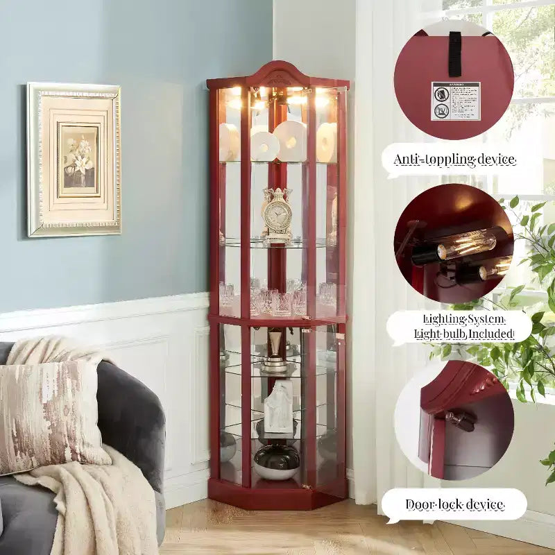 Vitrine d'angle en verre avec éclairage, décorations sculptées et étagères réglables pour bar ou cave à vin