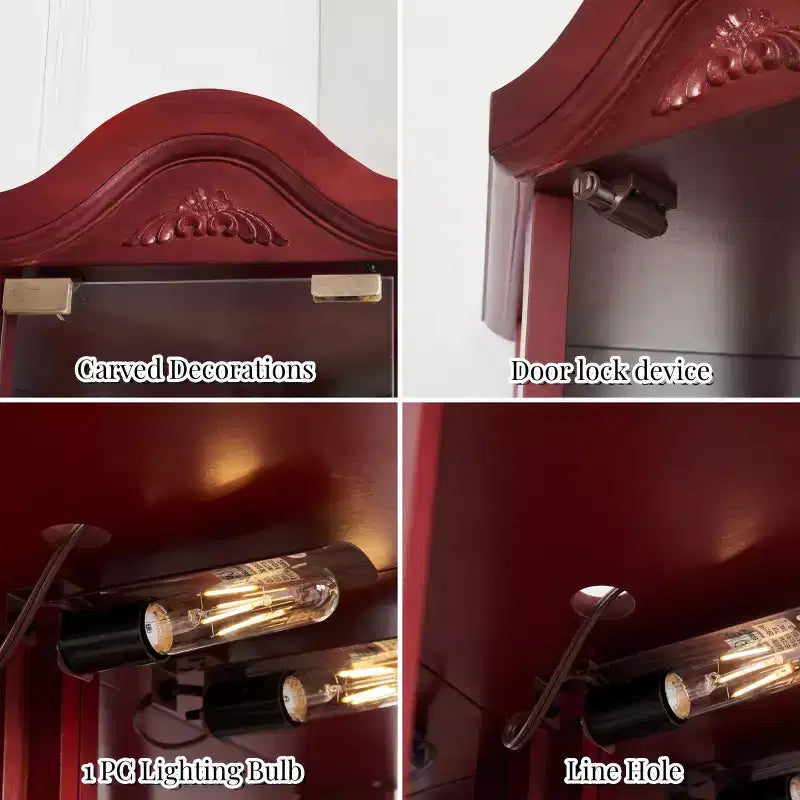 Vitrine d'angle en verre avec éclairage, décorations sculptées et étagères réglables pour bar ou cave à vin