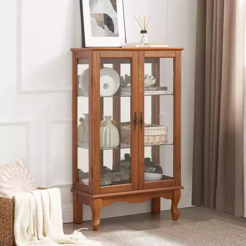 Vitrine à 2 portes avec portes en verre trempé, panneau arrière miroir, étagères réglables et éclairage pour le bureau à domicile