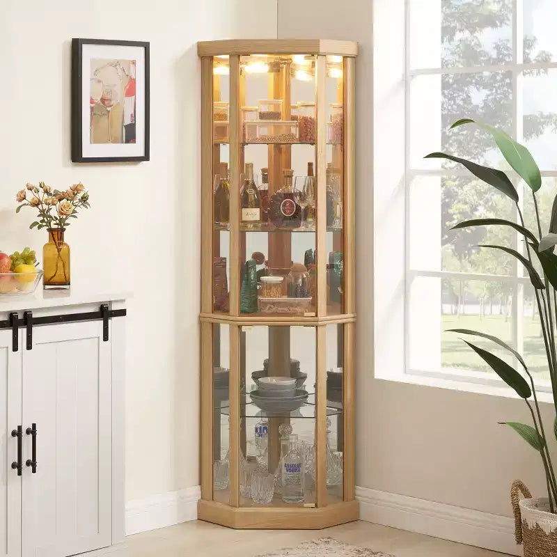 Corner Lighted Curio Cabinet with Adjustable Glass Shelves and Anti-Tip Device for Antique Collections