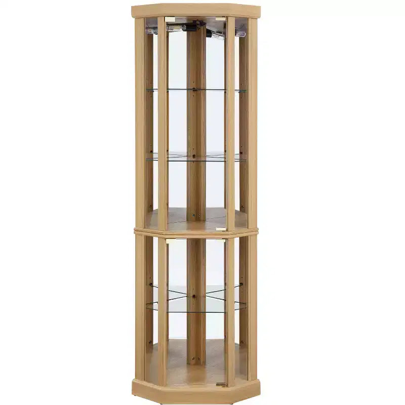 Vitrine d'angle éclairée avec étagères en verre réglables et dispositif anti-basculement pour collections d'antiquités