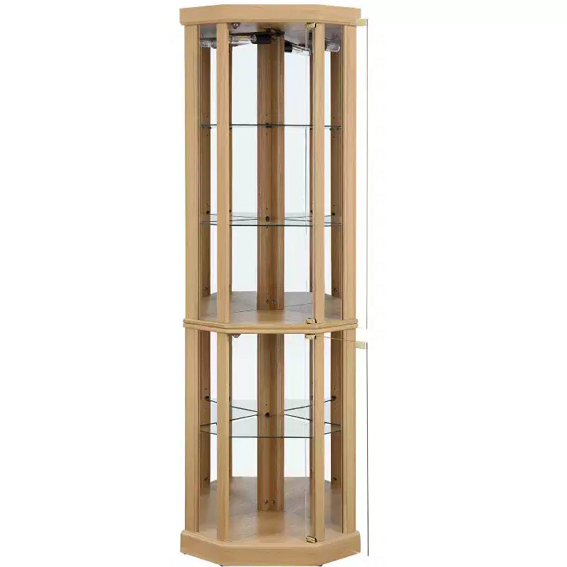 Vitrine d'angle éclairée avec étagères en verre réglables et dispositif anti-basculement pour collections d'antiquités