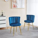 Set of 2 Modern Dining Chairs with Golden Iron Tube Legs and Velvet Cushions, Comfortable Backrest, Blue Finish
