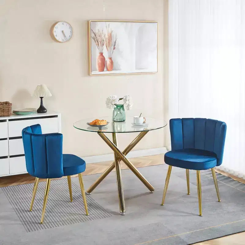 Lot de 2 chaises de salle à manger modernes avec pieds tubulaires en fer doré et coussins en velours, dossier confortable, finition bleue