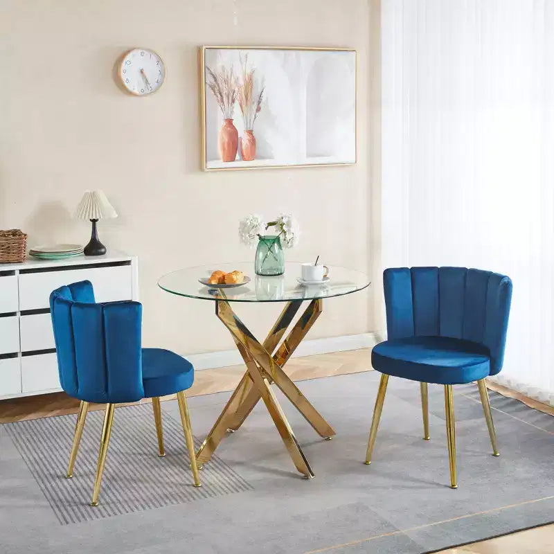 Lot de 2 chaises de salle à manger modernes avec pieds tubulaires en fer doré et coussins en velours, dossier confortable, finition bleue