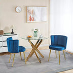 Lot de 2 chaises de salle à manger modernes avec pieds tubulaires en fer doré et coussins en velours, dossier confortable, finition bleue