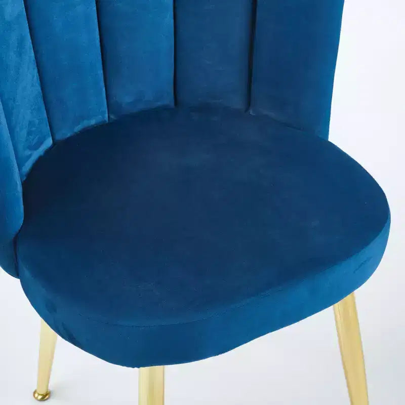 Lot de 2 chaises de salle à manger modernes avec pieds tubulaires en fer doré et coussins en velours, dossier confortable, finition bleue