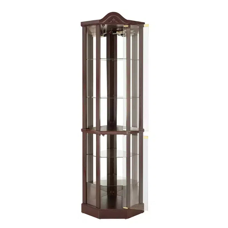 Vitrine d'angle en verre avec lumière, décorations sculptées et étagères réglables pour bar ou vin