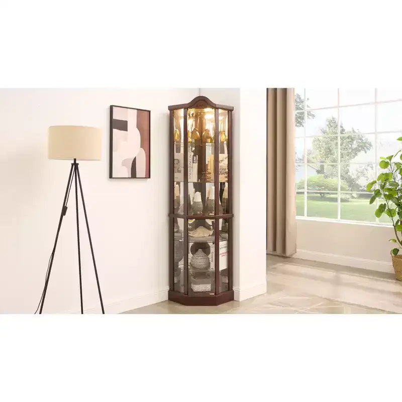 Vitrine d'angle en verre avec lumière, décorations sculptées et étagères réglables pour bar ou vin