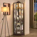 Vitrine d'angle en verre avec lumière, décorations sculptées et étagères réglables pour bar ou vin