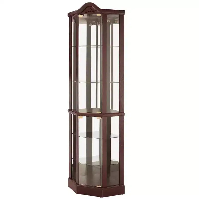 Vitrine d'angle en verre avec lumière, décorations sculptées et étagères réglables pour bar ou vin