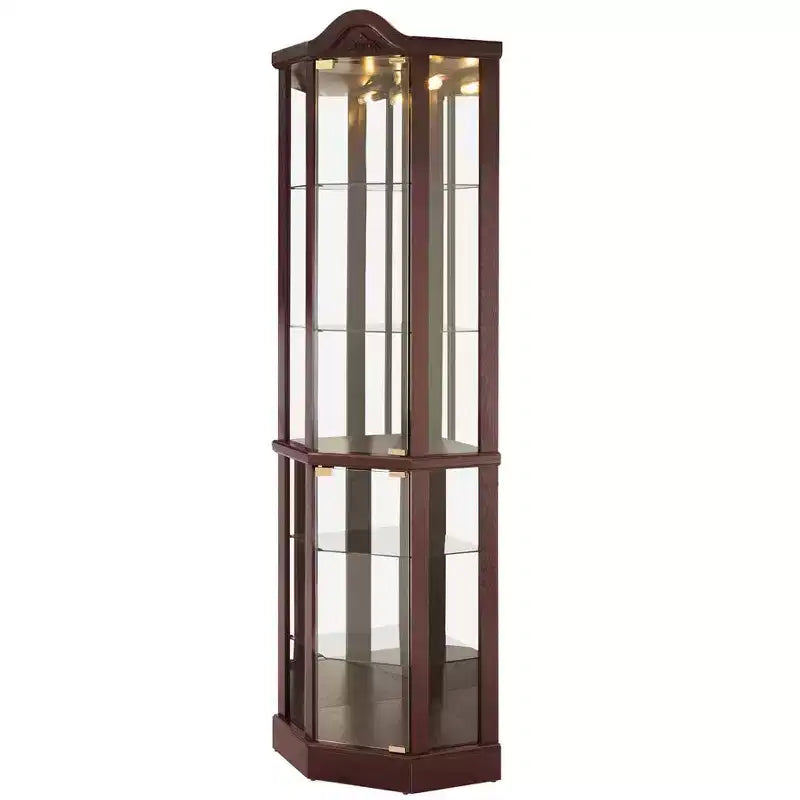 Vitrine d'angle en verre avec lumière, décorations sculptées et étagères réglables pour bar ou vin