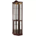 Vitrine d'angle en verre avec lumière, décorations sculptées et étagères réglables pour bar ou vin