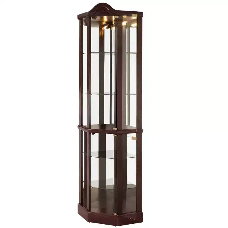 Vitrine d'angle en verre avec lumière, décorations sculptées et étagères réglables pour bar ou vin