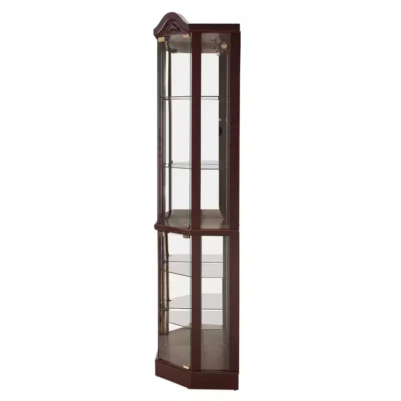 Vitrine d'angle en verre avec lumière, décorations sculptées et étagères réglables pour bar ou vin