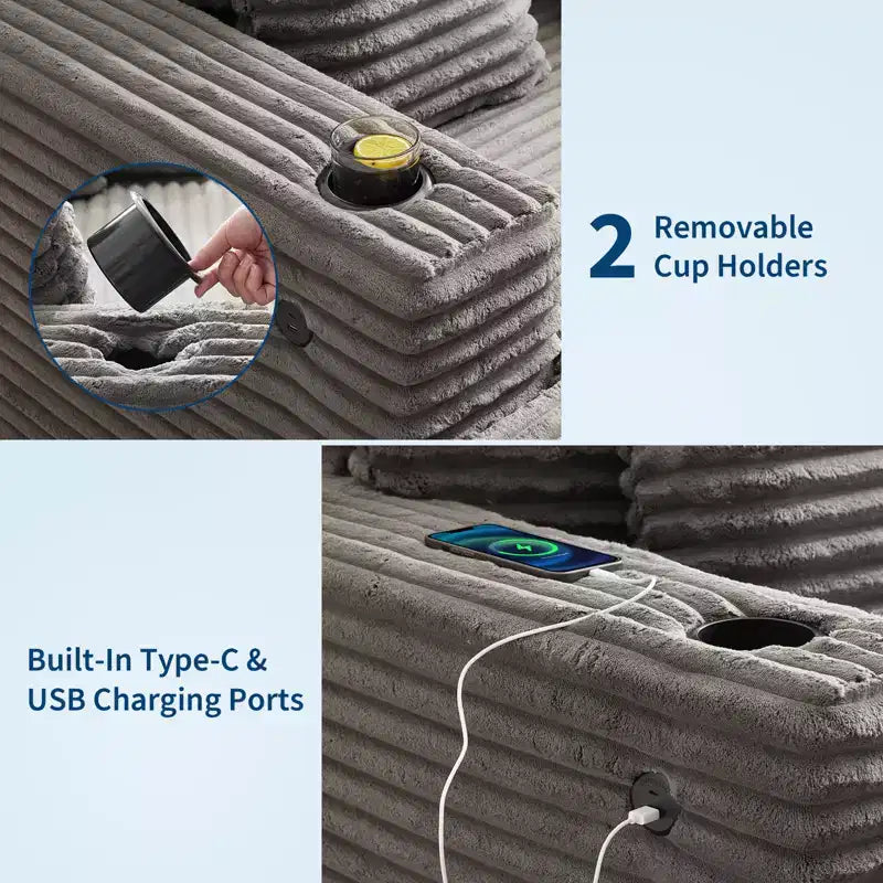 COZONY 60 Grand fauteuil inclinable en velours côtelé, canapé de lecture profond avec porte-gobelet et oreillers décoratifs pour le salon ou la chambre à coucher