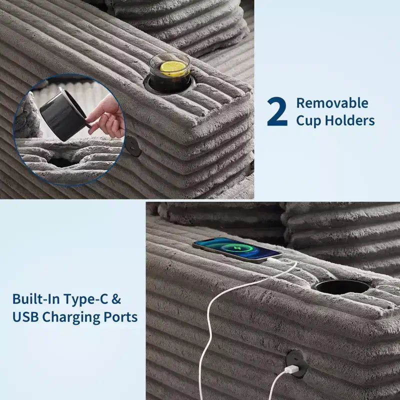 COZONY 60 Grand fauteuil inclinable en velours côtelé, canapé de lecture profond avec porte-gobelet et oreillers décoratifs pour le salon ou la chambre à coucher