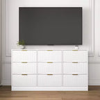 JVNOXK 63-inch Large Wooden Nine-Drawer Chest with nine deep drawers, suitable for bedrooms. Drawer fronts feature a wavy pattern. White