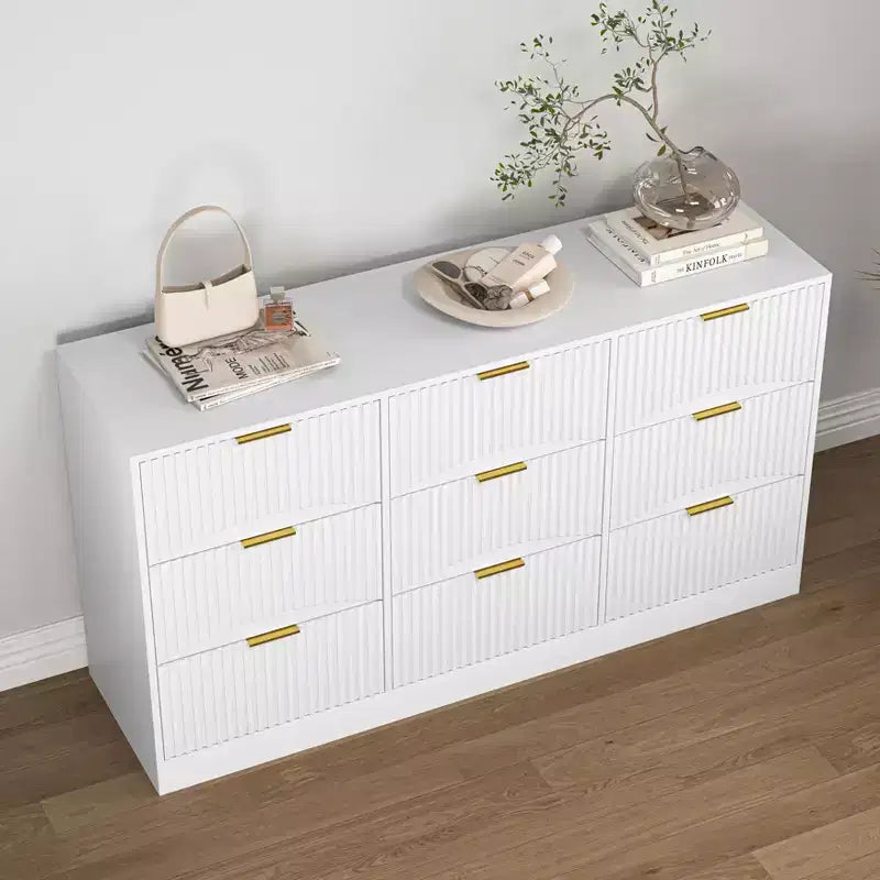 JVNOXK Grande commode en bois à neuf tiroirs de 160 cm, avec neuf tiroirs profonds, idéale pour les chambres à coucher. Façades de tiroirs à motif ondulé. Blanc