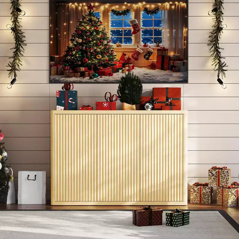 46.7 Buffet Chêne Cannellé, Armoire de Rangement Moderne en Bois avec 3 Portes et Étagères Réglables, Design Moderne du Milieu du Siècle