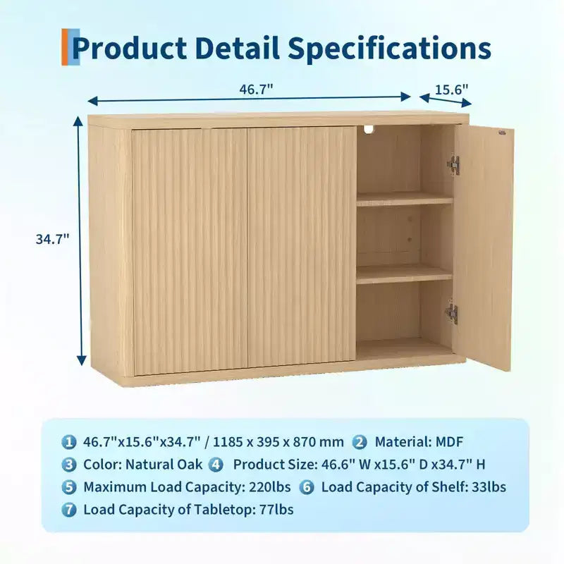 46.7 Buffet Chêne Cannellé, Armoire de Rangement Moderne en Bois avec 3 Portes et Étagères Réglables, Design Moderne du Milieu du Siècle